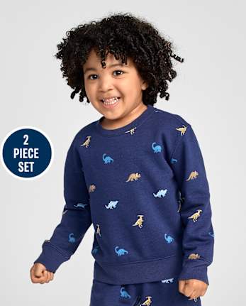 Baby And Toddler Boys Dino Premium Fleece 2-Piece Outfit Set - THUNDER BLUE