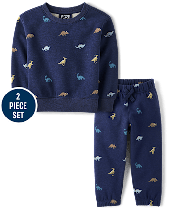Baby And Toddler Boys Dino Premium Fleece 2-Piece Outfit Set - THUNDER BLUE