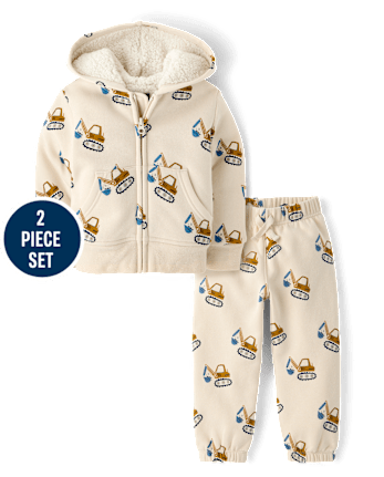 Baby And Toddler Boys Construction Vehicle Premium Fleece 2-Piece Outfit Set - HAY STACK