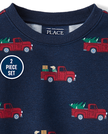 Toddler Boys Christmas Truck Premium Fleece 2-Piece Outfit Set - TIDAL
