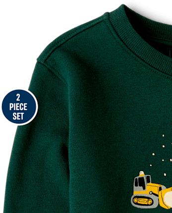 Toddler Boys Construction Vehicle Premium Fleece 2-Piece Outfit Set - BALT GREEN