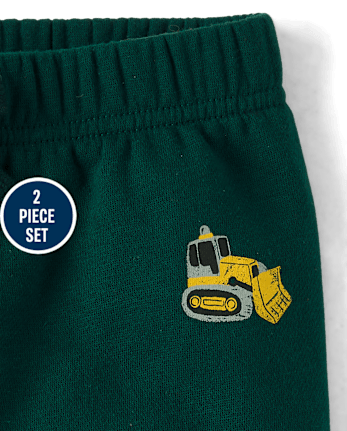 Toddler Boys Construction Vehicle Premium Fleece 2-Piece Outfit Set - BALT GREEN