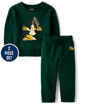 Toddler Boys Construction Vehicle Premium Fleece 2-Piece Outfit Set - BALT GREEN