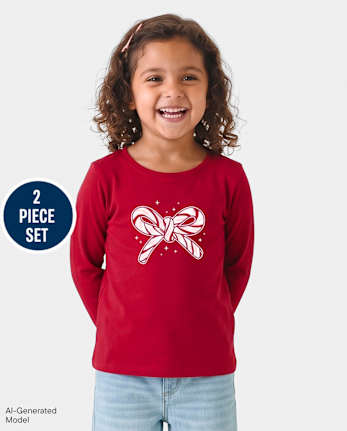 Toddler Girls Candy Cane Bow 2-Piece Outfit Set - MULTI CLR