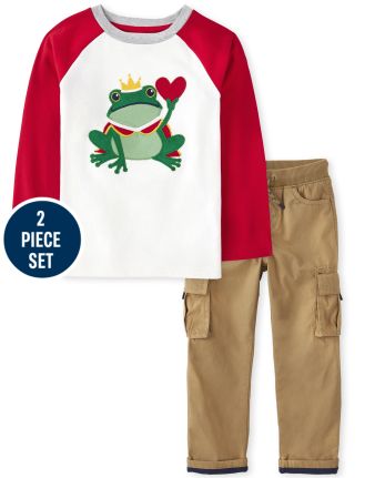 Boys Embroidered Frog Top And Pull On Cargo Pants Set - Valentine Cutie