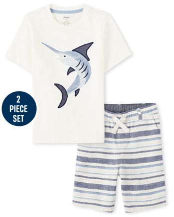 Conjunto de top de pez espada bordado para niños y pantalones cortos de lino a rayas - Blue Skies
