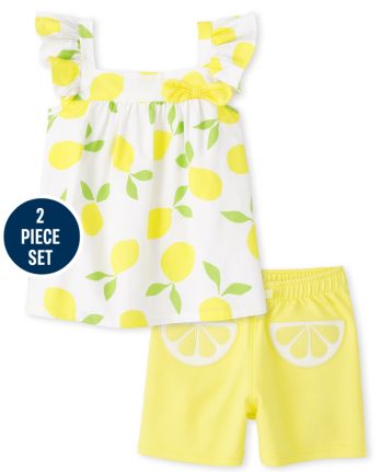 Girls Lemon Bow Top And Embroidered Lemon Shorts Set - Citrus & Sunshine