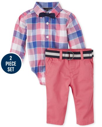Baby Boys Dad And Me Long Sleeve Plaid Poplin Button Down Bodysuit Woven Chino Pants Bow Tie And Suspenders Matching Outfit Set The Children S Place