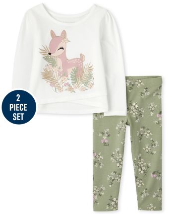 The Children's Place baby-girls Mix and Match Long Sleeve Floral Deer Top and Floral Knit Leggings 2-piece Outfit Set 