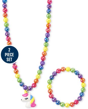 Girls Rainbow Unicorn Beaded Necklace And Bracelet Set
