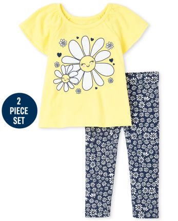 Toddler Girls Short Flutter Sleeve Daisy Graphic Top And Print Knit ...