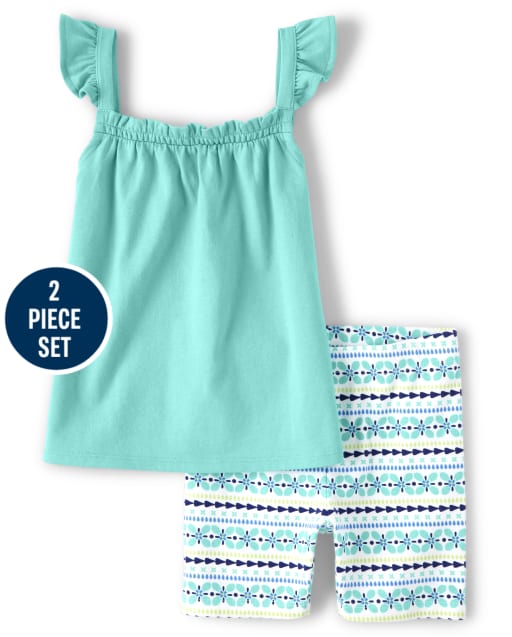 Ensemble haut à volants et short de vélo pour filles - Island Getaway
