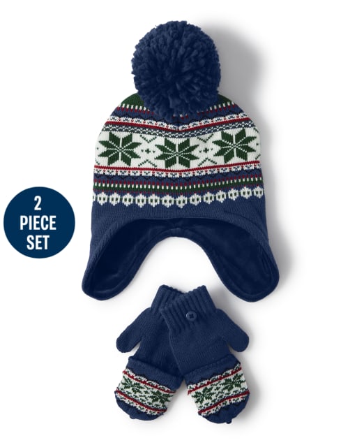 Boys Fairisle Pom Pom Hat and Mittens Set - Family Celebrations Green
