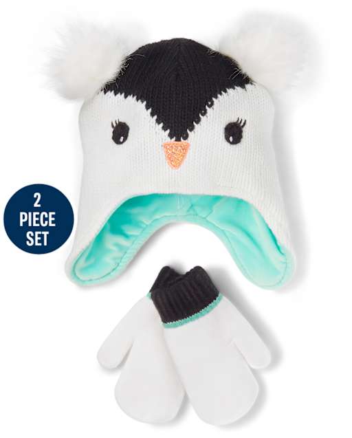 Girls Penguin Pom Pom Hat and Mittens Set - Polar Party