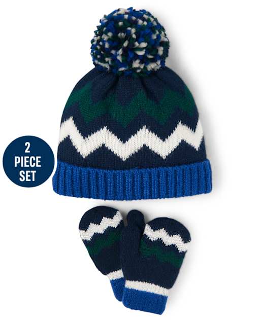 Boys Chevron Pom Pom Hat and Mittens Set - Polar Party