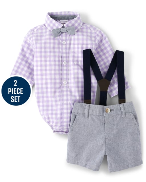 Conjunto de pantalones cortos de vestir y body con botones a cuadros de papá y yo para bebés - Spring Blooms