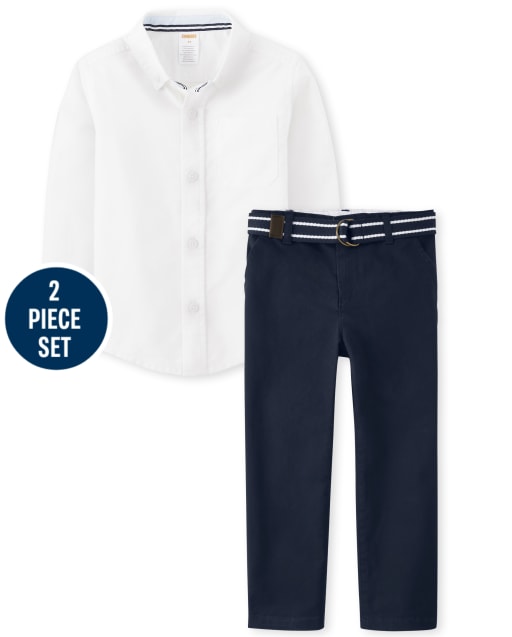 Boys Oxford Button Down Top with Stain and Wrinkle Resistance And Belted Chino Pants with Stain and Wrinkle Resistance Set - Uniform