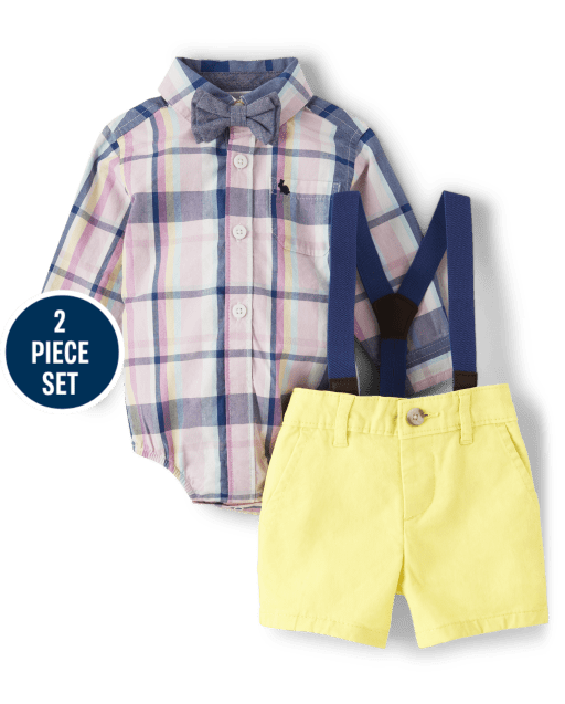 Baby Boys Matching Family Plaid Button Up Bodysuit And Chino Shorts Set - Spring Celebrations