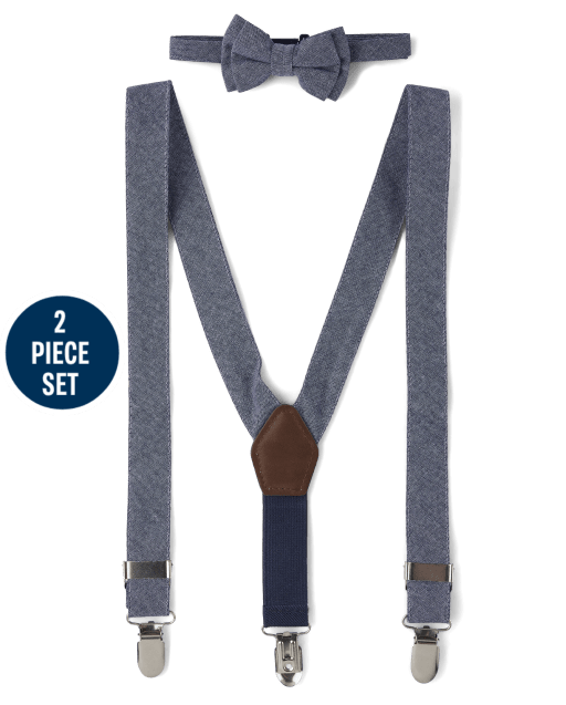 Boys Chambray Bow Tie And Suspenders 2-Piece Set - All Dressed Up