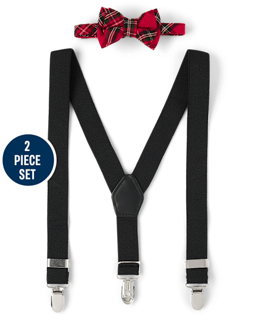 Boys Plaid Bow Tie And Suspenders 2-Piece Set - Royal Christmas