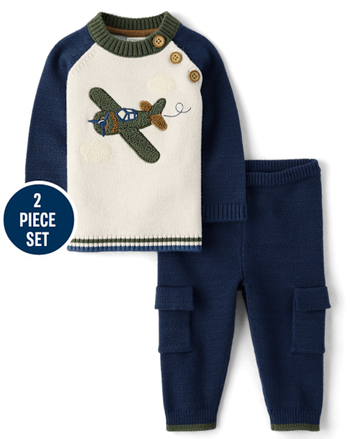 Baby Boys Embroidered Chenille Airplane Sweater 2-Piece Outfit Set