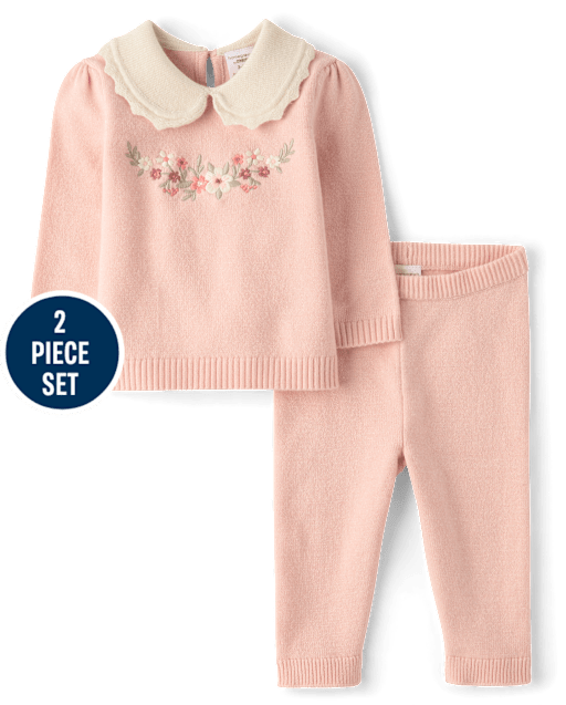 Baby Girls Embroidered Floral Sweater 2-Piece Outfit Set