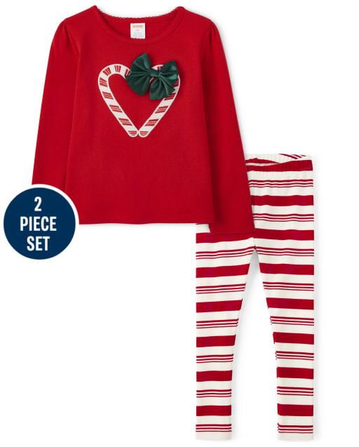 Girls Embroidered Candy Cane Heart Top And Striped Leggings Set - Holiday Express