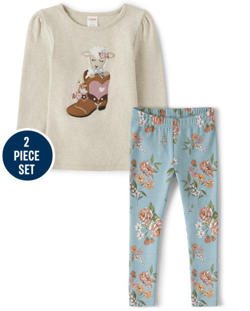 Girls Embroidered Lamb Cowgirl Boot Top And  Floral Leggings Set - Little Rocky Mountain