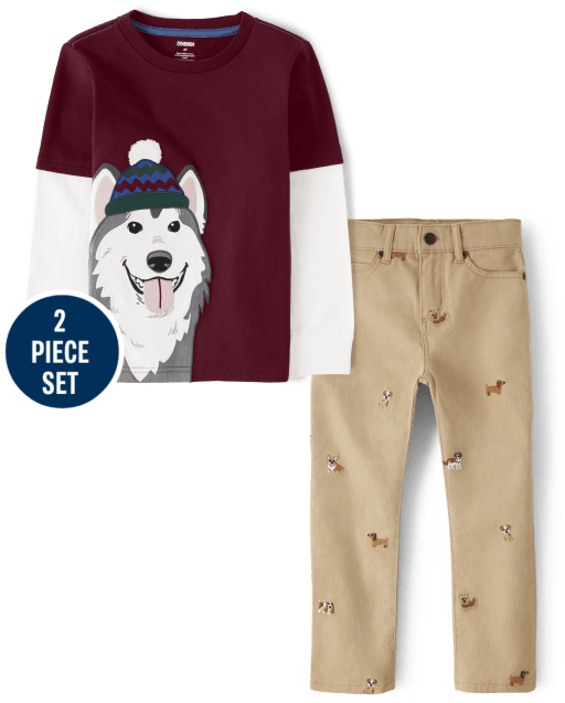 Boys Embroidered Husky Layered Top And Dog Pants Set - Playful Pups