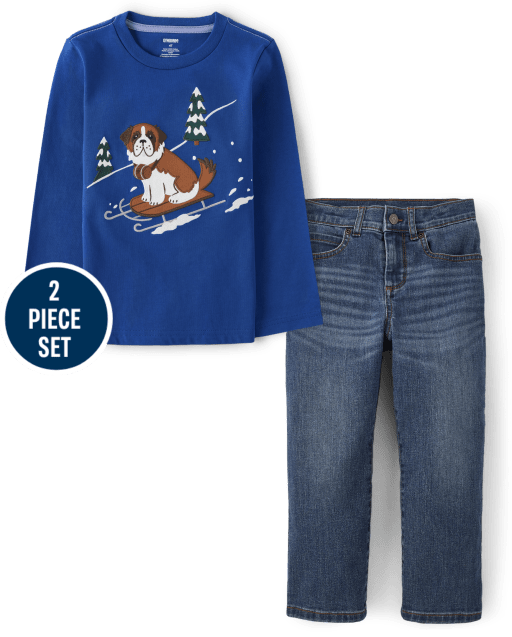 Boys Embroidered Dog Sled Top And Five-Pocket Jeans - Playful Pups
