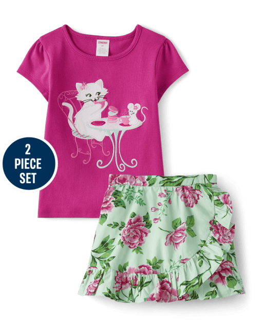 Girls Embroidered Cat 2-Piece Set - Time for Tea
