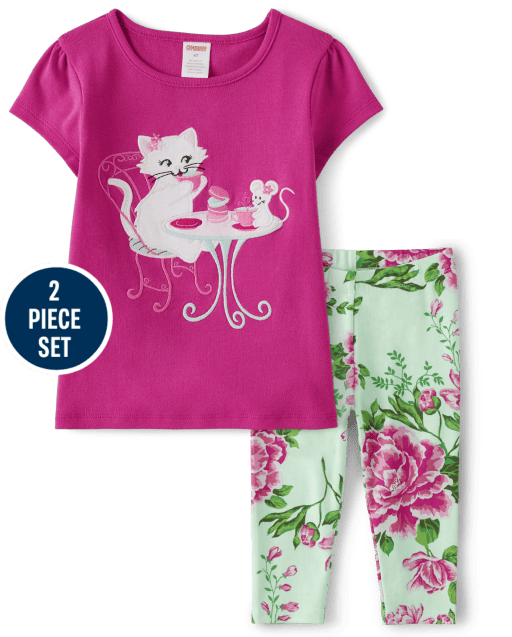 Girls Embroidered Cat 2-Piece Set - Time for Tea