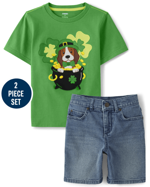Boys Embroidered Dog 2-Piece Set - Little Leprechaun