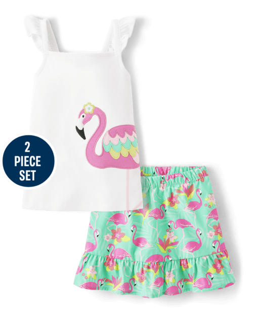 Girls Embroidered Flamingo 2-Piece Set - Tropical Paradise