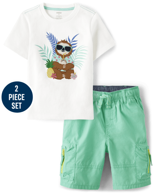 Boys Embroidered Sloth 2-Piece Set - Tropical Paradise