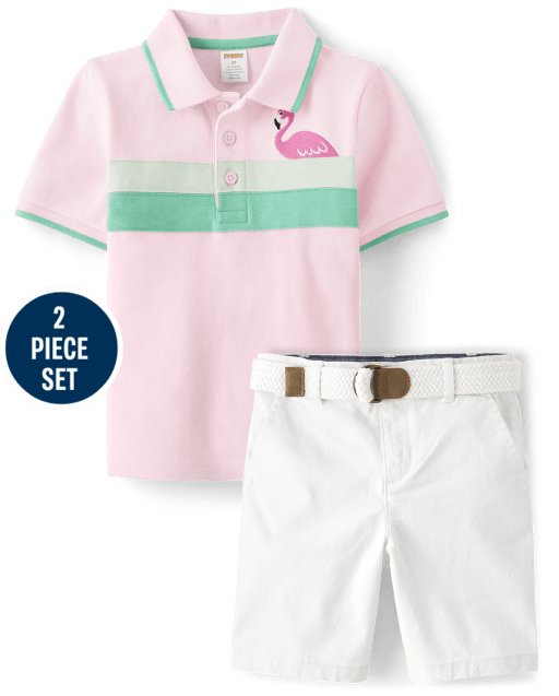 Boys Striped Embroidered Flamingo 2-Piece Set - Tropical Paradise