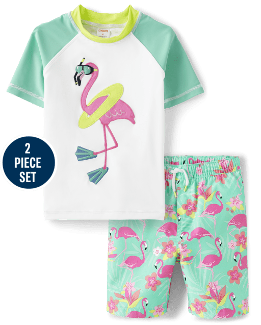 Boys Embroidered Flamingo 2-Piece Swim Set - Splish-Splash