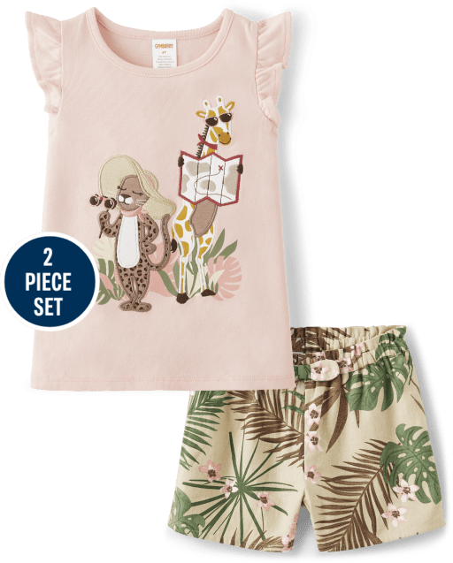 Girls Embroidered Animal 2-Piece Set - Safari