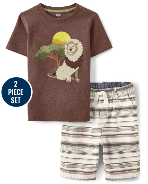 Boys Embroidered Lion 2-Piece Set - Safari