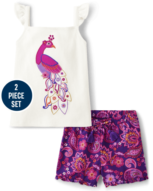 Girls Embroidered Peacock 2-Piece Set - Island Spice