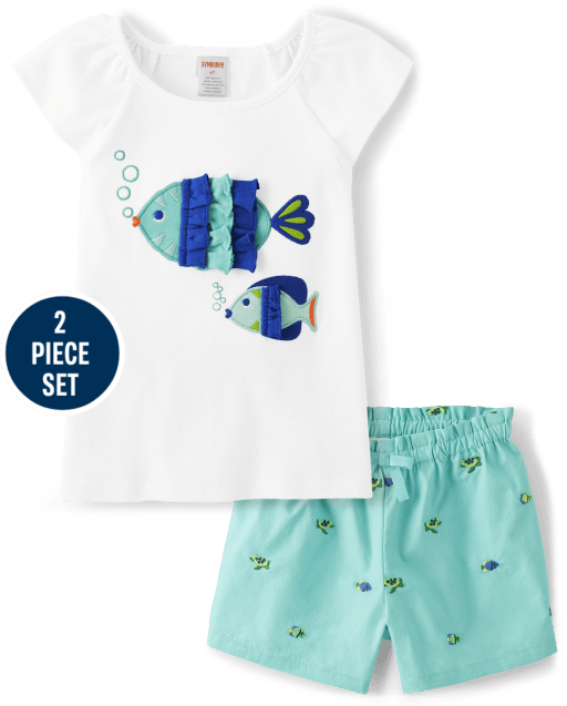 Girls Embroidered Fish 2-Piece Set - Save the Seas