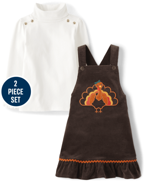 Girls Embroidered Turkey 2-Piece Outfit Set - Happy Harvest