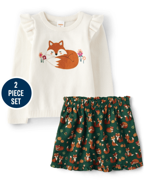 Girls Embroidered Fox 2-Piece Outfit Set - Friendly Fox
