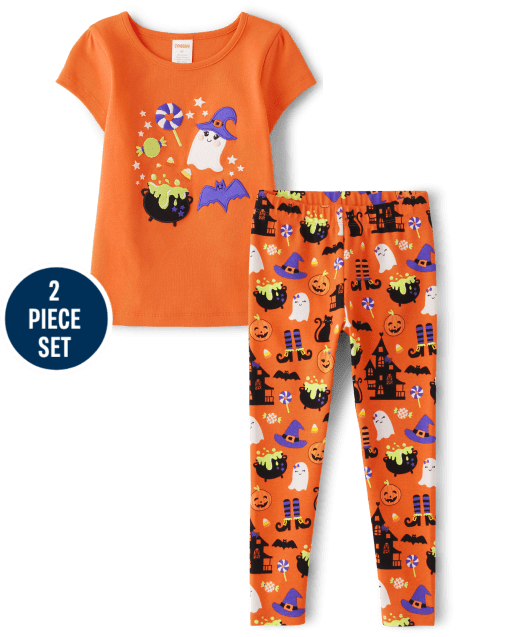 Girls Embroidered Halloween Doodles 2-Piece Outfit Set - Trick or Treat