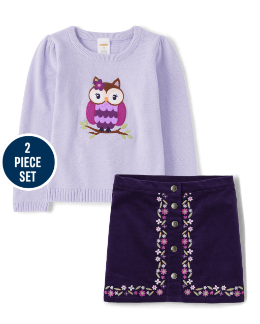 Girls Embroidered Floral Owl 2-Piece Outfit Set - Magical Meadow