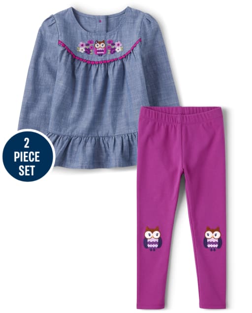 Girls Embroidered Owl 2-Piece Outfit Set - Magical Meadow