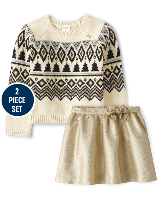 Girls Intarsia Fairisle Sweater 2-Piece Outfit Set - Winter Wonderland