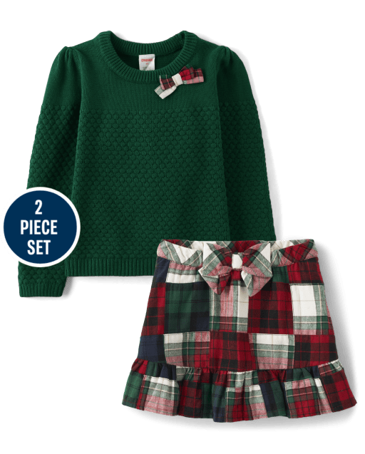 Girls Patch Plaid Skort 2-Piece Outfit Set - Christmas Cabin