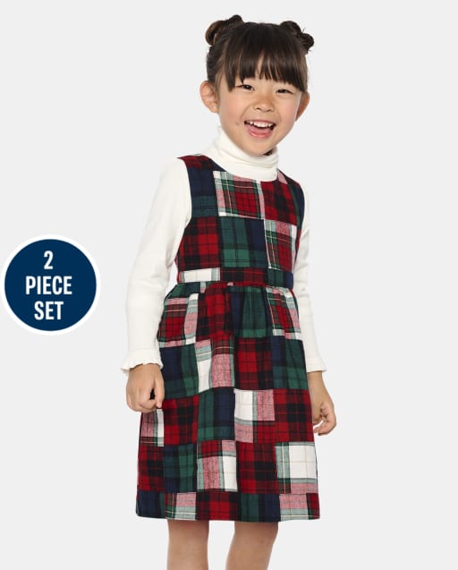 Girls Patch Plaid Jumper 2-Piece Outfit Set - Christmas Cabin