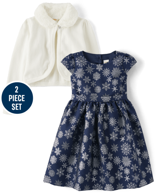 Girls Snowflake Dress 2-Piece Outfit Set - Silent Night